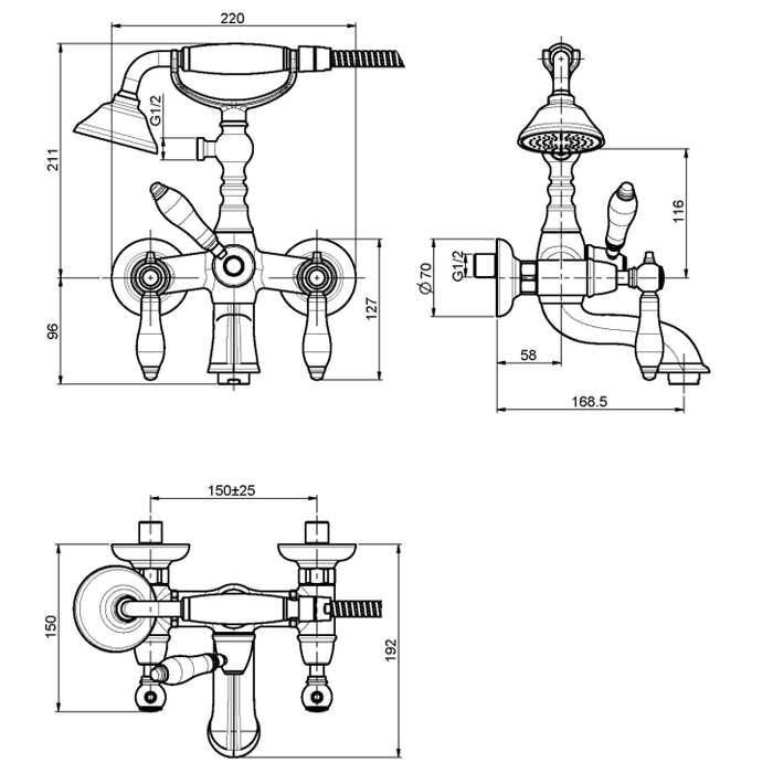 Fima Carlo Frattini смеситель на ванну, в комплекте: шланг 1500 мм, ручной душ, herend, хром арт. f5404cr