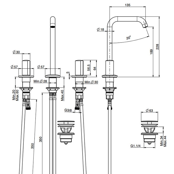 Fima Carlo Frattini смеситель для раковины, на 3 отверстия, вращающийся излив d18 мм., с донным клапаном click-clack, so, хром арт. f3191bcr s4cr