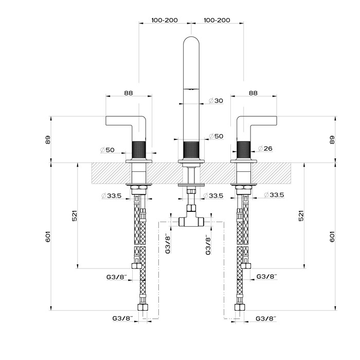 Gessi Смеситель для раковины на 3 отверстия без донного клапана, излив 160мм, h=240мм, Inciso, 58014#149 цвет: finox