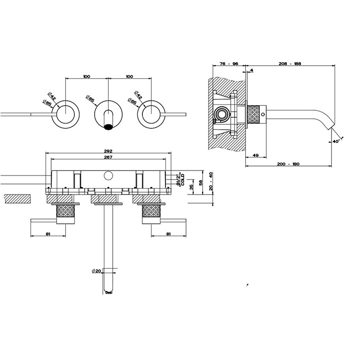 Gessi Встраиваемый смеситель для раковины с изливом 200-180мм, 316, 54194#707 цвет: brushed black metal pvd