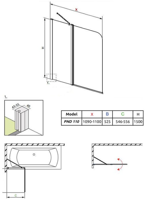 Radaway шторка на ванну ii pnd 110 профиль хром стекло прозрачное, Eos II - 206211-01R