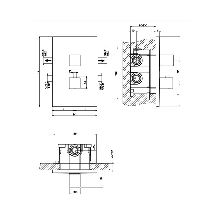 Gessi Смеситель для душа, встраиваемый, термостатический, подключение на 3/4”, с переключателем на 2 выхода, Rettangolo, 20184#299 цвет: black xl