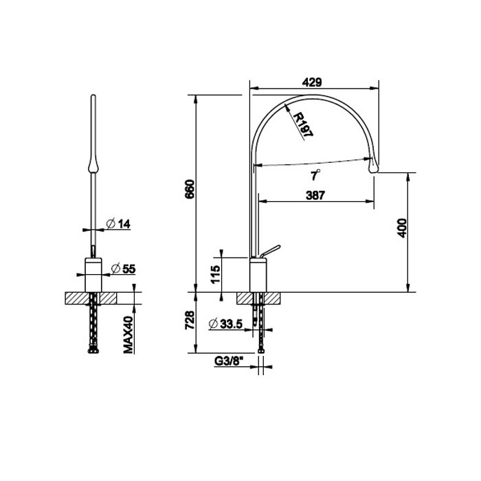 Gessi Смеситель для раковины на 1 отверстие, излив 387мм R=197, с фиксированным носиком, Goccia, 33808#031 цвет: хром