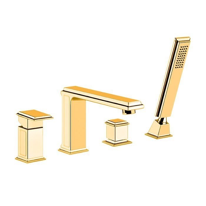 Gessi Смеситель для ванны на 4 отверстия, с переключателем, изливом и ручным душем, Eleganza, 46037#080 цвет: золото