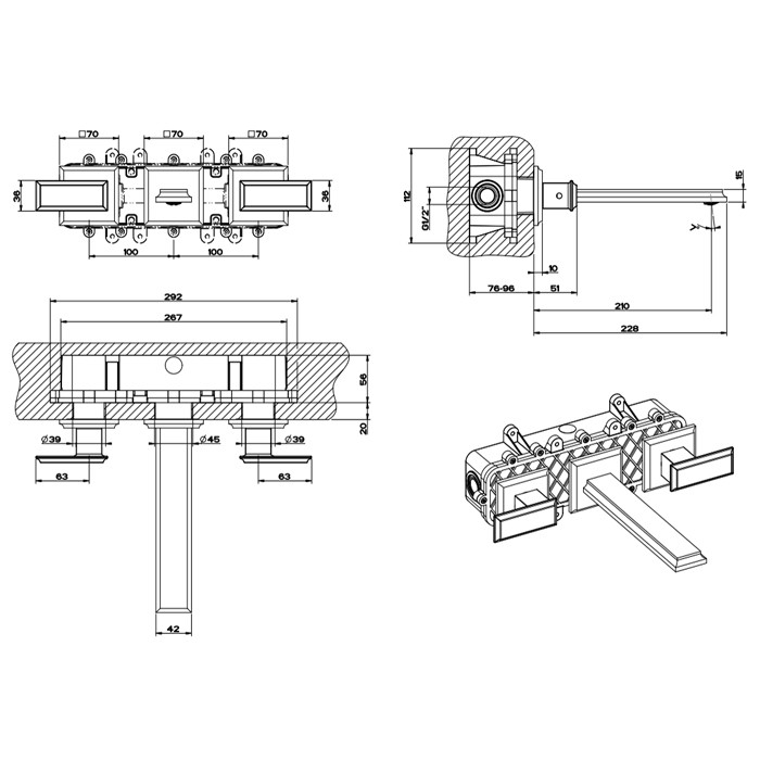 Gessi Встраиваемый смеситель для раковины на 3 отверстия, без донного клапана, с изливом, Eleganza, 46090#087 цвет: шлифованное золото