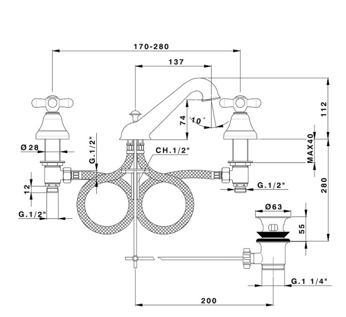 Смеситель на раковину на 3 отв, двухвентильный, с донным клапаном, Huber Croisette, хром арт. CS00102121