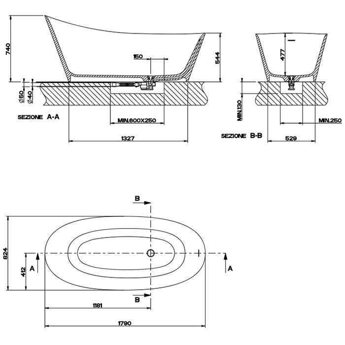 Gessi Ванна 180х83х55см., со сливом, Cono, 45925#521 цвет: белый матовый