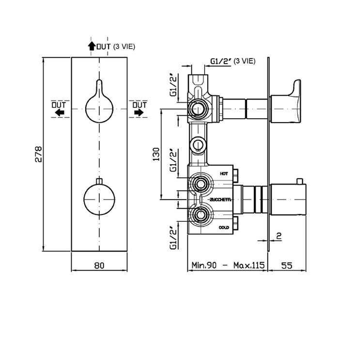 Zucchetti смеситель для душа, термостатический, встраиваемый, с переключателем на 2 потока, medameda, хром арт. ztm5646