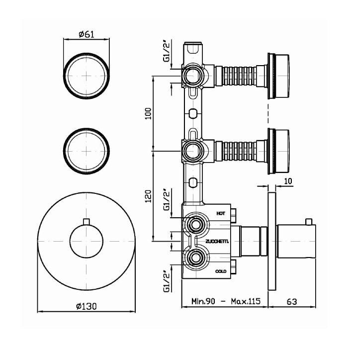 Zucchetti встроенный термостатический смеситель с 2 запорными клапанами, savoir, хром арт. zsa660.cc r97821
