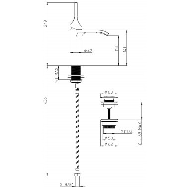 Bossini однорычажный смеситель для раковины 249 мм, с донным клапаном, apice, серый арт. e89603.045