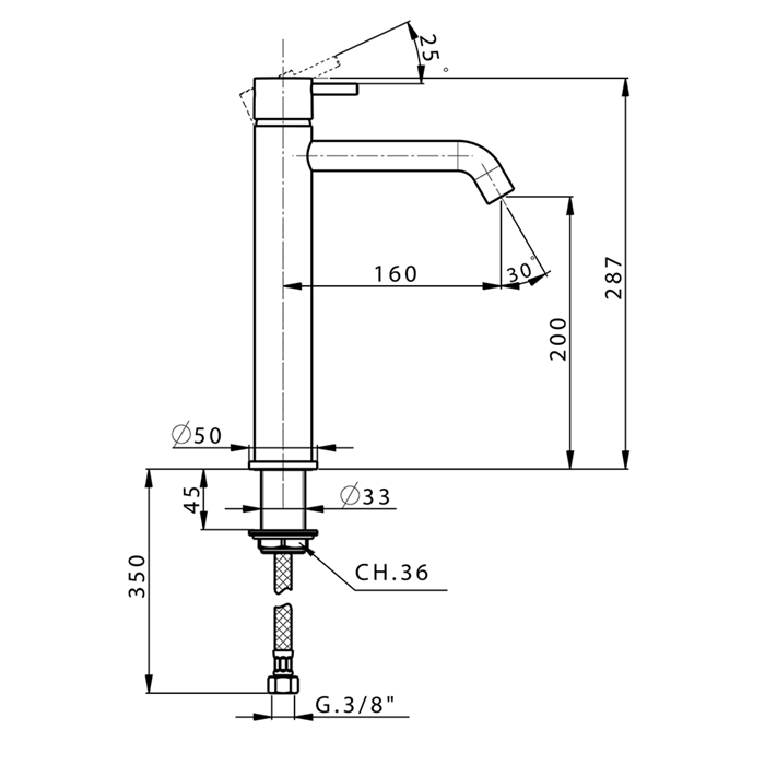 Cisal смеситель однорычажный для раковины на 1 отверстие, высокий h=28,7 см,излив 160 мм,без донного клапана ln00354040 less new, цвет: черный