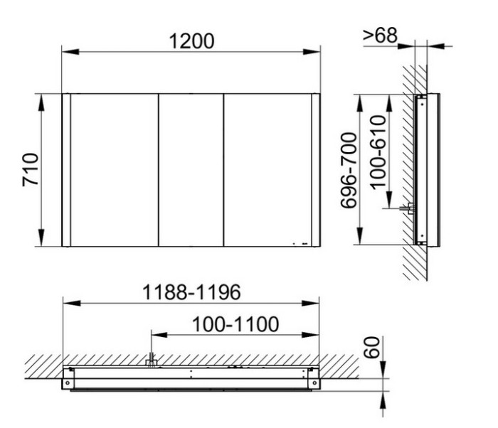 Keuco шкаф с подсветкой для встраиваемого монтажа 115 мм х 1200 мм х 710 мм, с 3 поворотными дверцами, somaris, зеркальный арт. 14514 003100