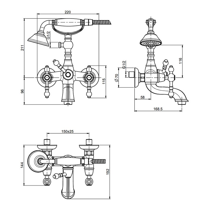 Fima Carlo Frattini смеситель для ванны, настенный, с ручным душем, epoque, золото арт. f5054or