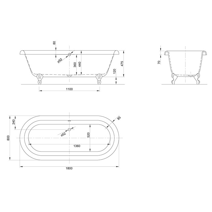 Knief ванна 180х80х60см., со сливом-переливом, с 4-мя хромированными ножками "шар", Edwardian, 0100-063-02 0100-091-02 цвет: белый