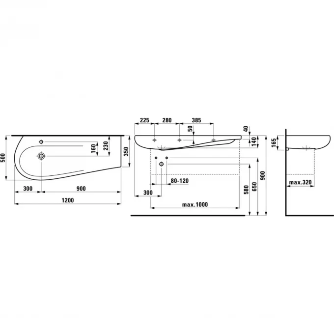 LAUFEN раковина-столешница 120x50 полочка справа, IL BAGNO ALESSI ONE - 8.1497.3.400.104.1