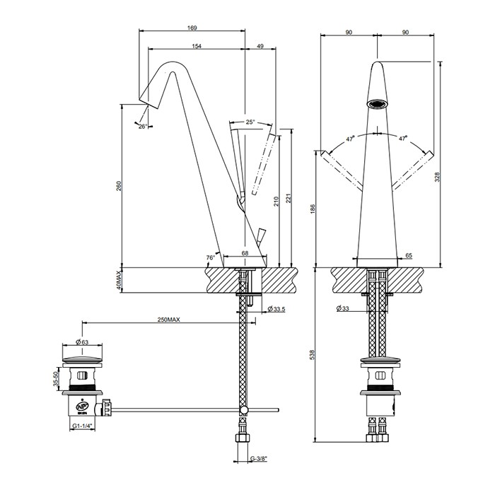 Gessi Смеситель для раковины, на 1 отв., высокий с донным клапаном, Cono, 45004#030 цвет: copper pvd