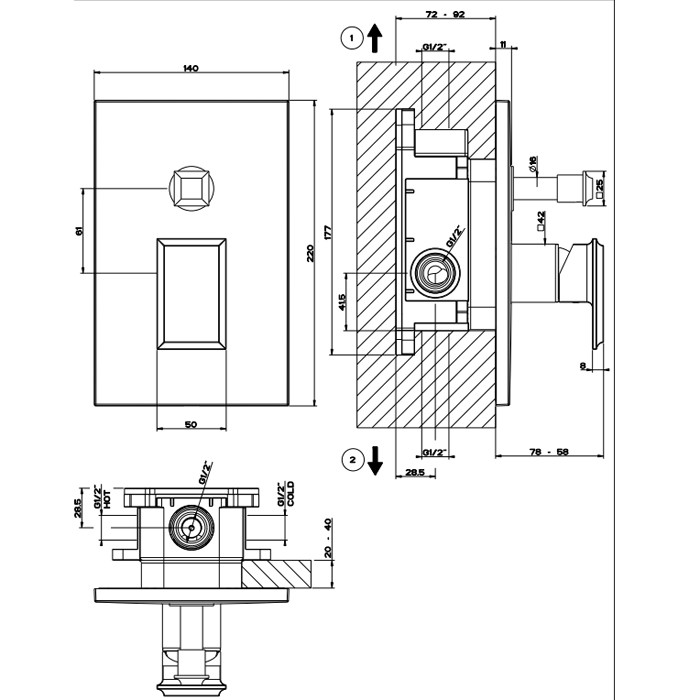 Gessi Встраиваемый однорычажный смеситель с автоматическим переключателем ванна/душ, Eleganza, 46079#706 цвет: черный металлик