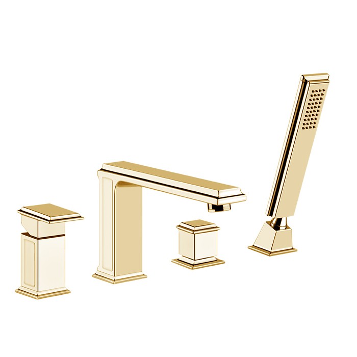 Gessi Смеситель для ванны на 4 отверстия, с переключателем, изливом и ручным душем, Eleganza, 46037#087 цвет: шлифованное золото