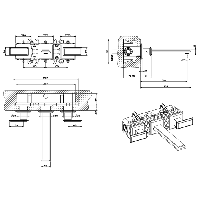Gessi Встраиваемый смеситель для раковины на 3 отверстия, без донного клапана, с изливом, Eleganza, 46090#080 цвет: золото