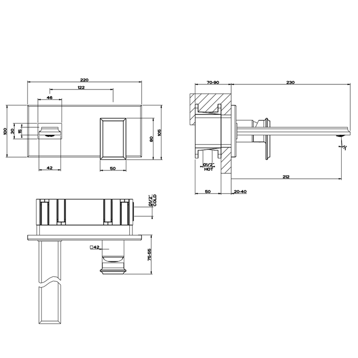 Gessi Встраиваемый однорычажный смеситель для раковины, без донного клапана, с изливом, Eleganza, 46088#080 цвет: золото
