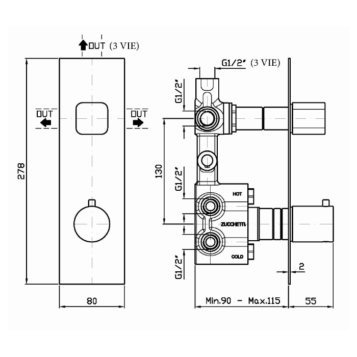 Zucchetti встроенный термостатический смеситель для душа, 3-х канальный, jingle, хром арт. zin646 r97815