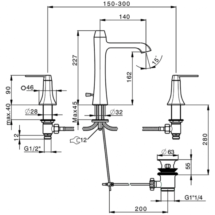 Cisal смеситель для раковины на 3 отверстия с донным клапаном cf0010606t cherie, цвет: хром
