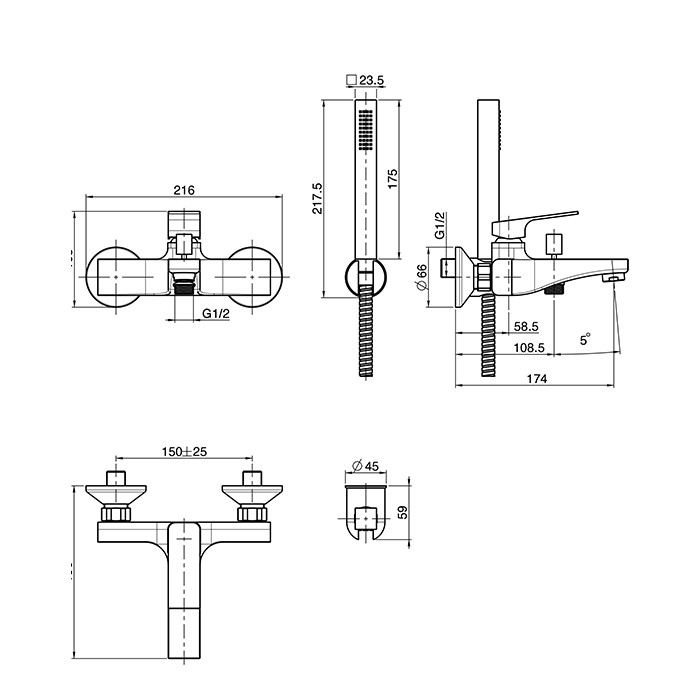 Fima Carlo Frattini смеситель для ванной, настенный, с душ. комплектом, излив 170мм, fit, черный арт. f3384ns