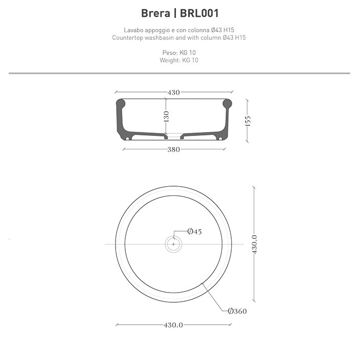 Раковина накладная d43 см, ArtCERAM Brera, белый матовый арт. BRL001 05 00