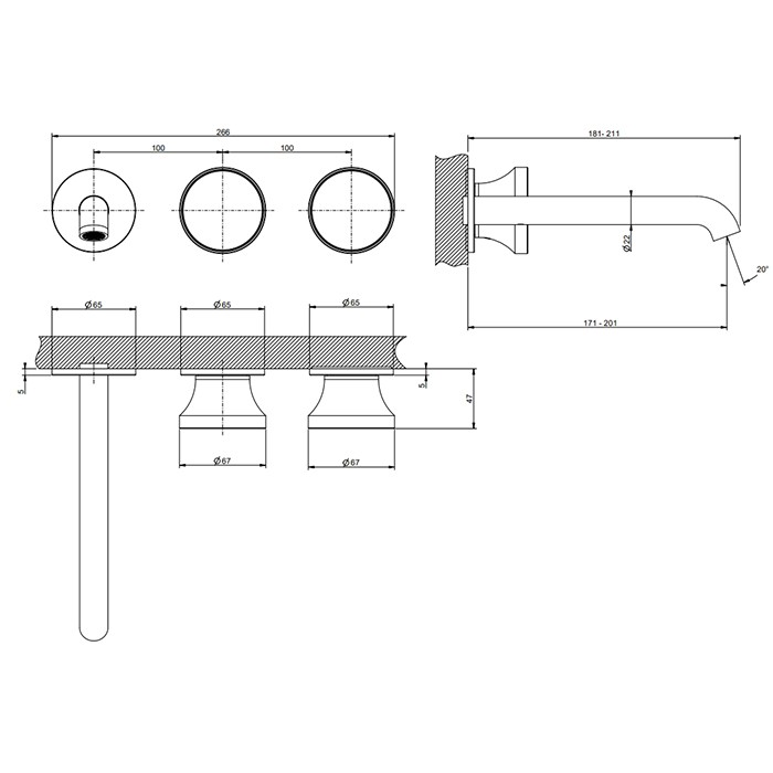 Gessi Смеситель для раковины, встраиваемый с изливом: 17.1см., (внешняя часть) цвет: Finox Brushed Nickel, Origini, 66090#149 цвет: finox brushed nickel