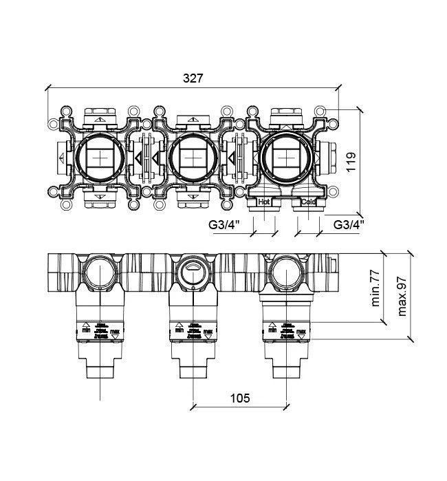Встраиваемая часть термостатического смесителя на 2 потребителя, горизонтальный модуль, Almar Modular, арт. E176908