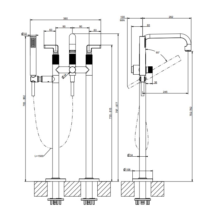 Gessi Напольный смеситель для ванны с ручным душем, Inciso, 58029#707 цвет: black metal brushed pvd