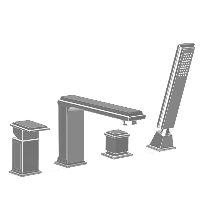 Gessi Смеситель для ванны на 4 отверстия, с переключателем, изливом и ручным душем, Eleganza, 46037#149 цвет: finox