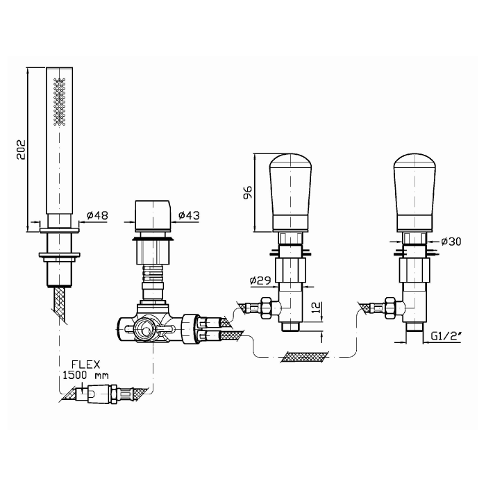 Zucchetti смеситель для ванны на 4 отверстия, nude, хром арт. znu498