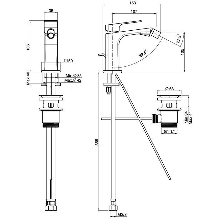 Fima Carlo Frattini смеситель для биде, на 1 отв, донный клапан, h105мм излив 107мм, fit, черный арт. f3382ns