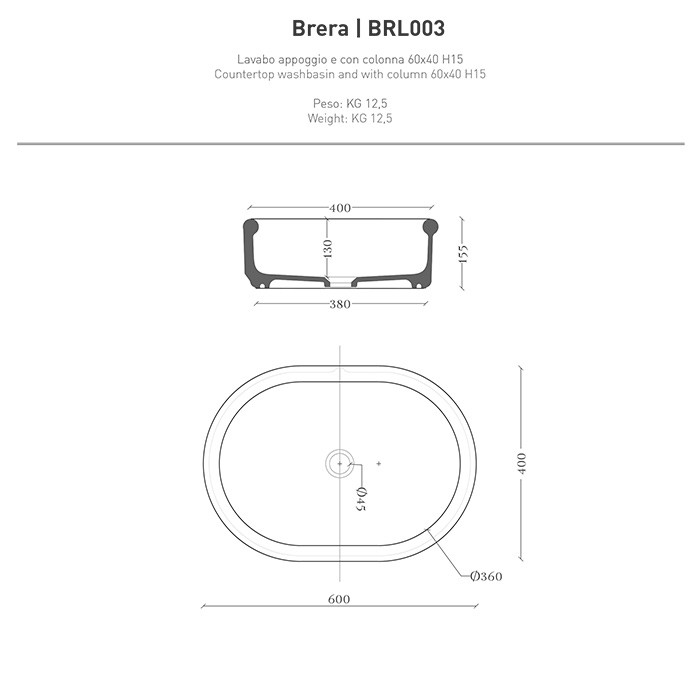 Раковина накладная 60x40 см, Artceram Brera, белый арт. BRL003 01 00