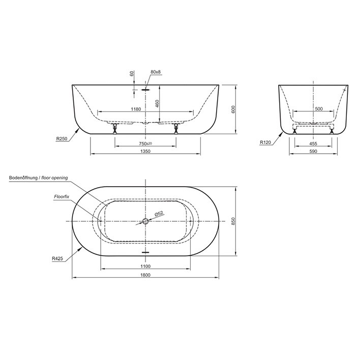 Knief ванна отдельностоящая 180x85x60см., щелевой перелив, Venice, 0100-261-06s 0100-091-06 цвет: белый