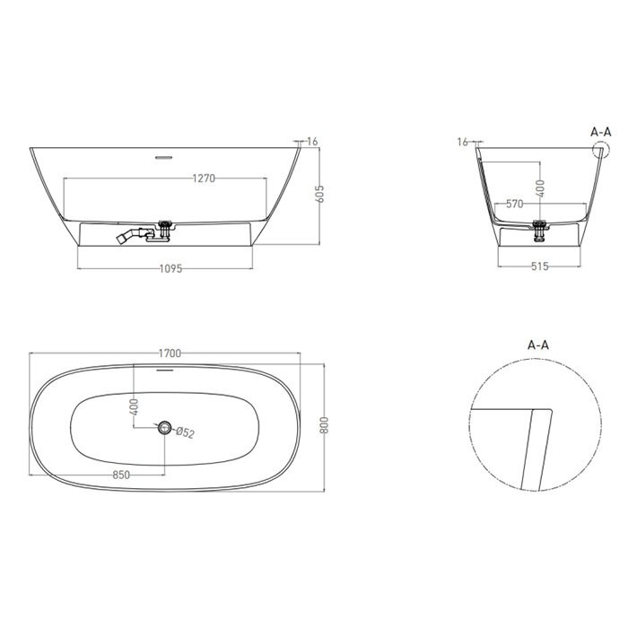 Salini ванна отдельностоящая 170x80, sofia, 102526mrh цвет: матовый белый