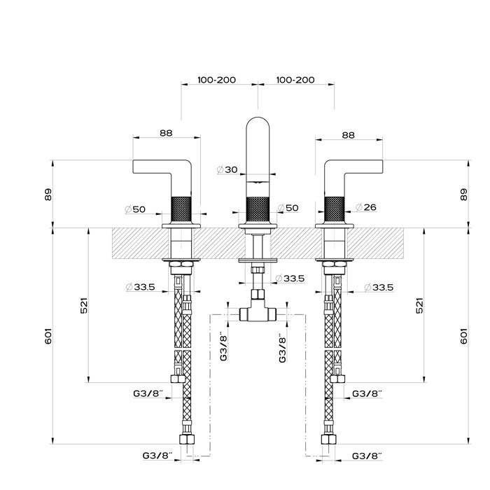 Gessi Смеситель для раковины на 3 отверстия без донного клапана, излив 140мм, h=145мм, Inciso, 58012#149 цвет: finox