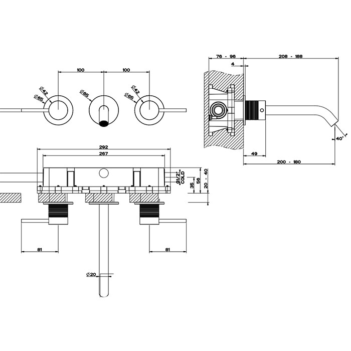 Gessi Встраиваемый смеситель для раковины на 3 отв., излив: 200-180мм, 316, 54394#707 цвет: brushed black metal pvd