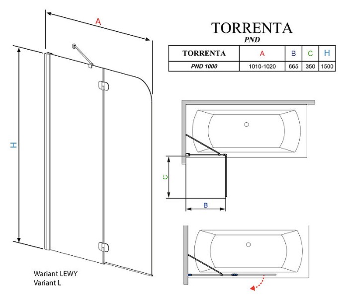 Radaway шторка на ванну pnd 110 профиль хром стекло прозрачное, Torrenta - 201202-101NL