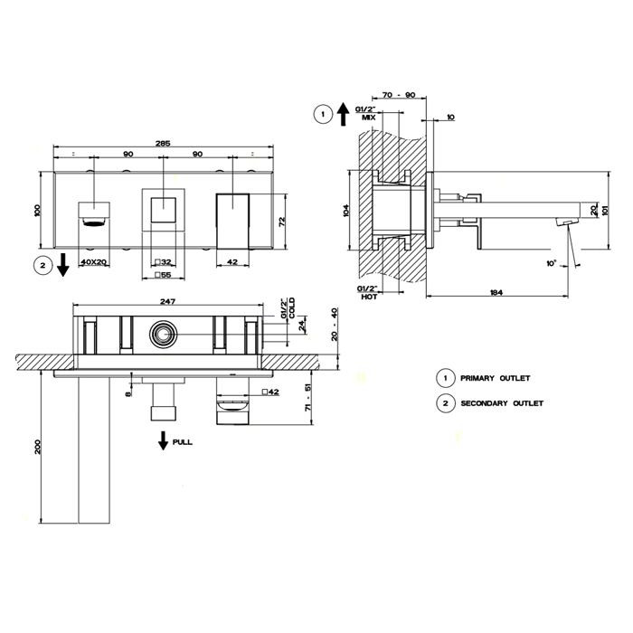 Gessi Встраиваемый смеситель с изливом и переключателем PULL, Rettangolo, 44907#031 цвет: хром