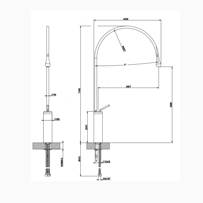 Gessi Смеситель для раковины на 1 отверстие, высокий, излив 387мм R=197, Goccia, 33610#031 цвет: хром