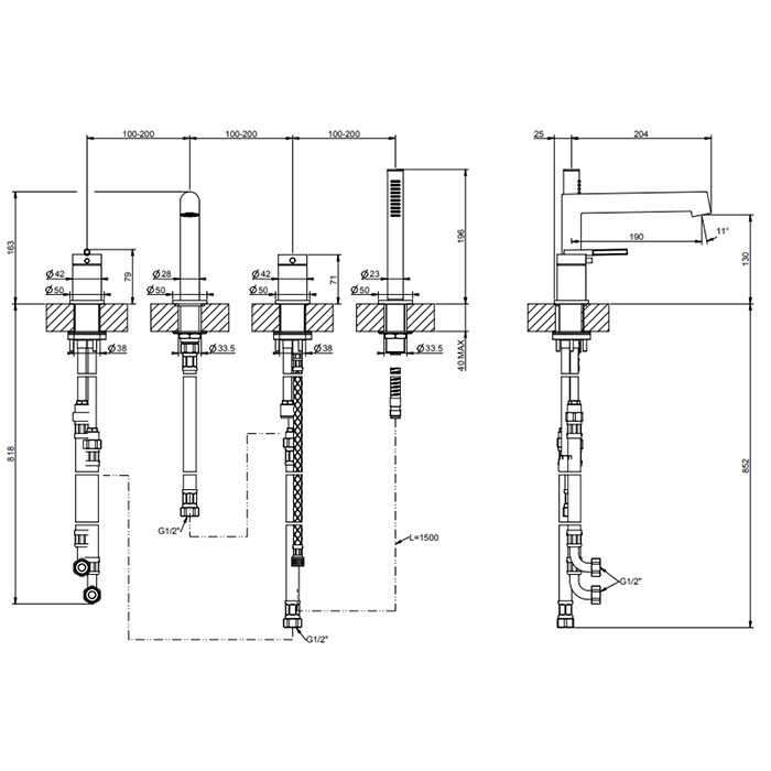 Gessi Смеситель на борт ванны, на 4 отв., с ручным душем, Ingranaggio, 63537#707 цвет: black metal brushed pvd
