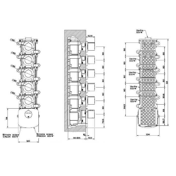 Gessi Встраиваемый термостат для душа, с 5ю независимыми выходами, верт/гориз установка, Tondo, 43240#031 цвет: хром