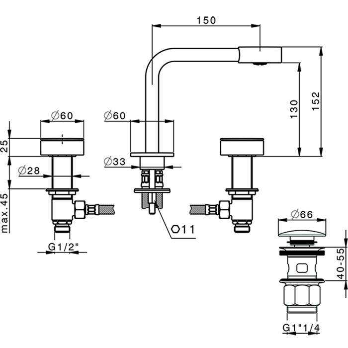 Cisal смеситель для раковины на 3 отверстия с донным клапаном sm00102040 slim, цвет: черный