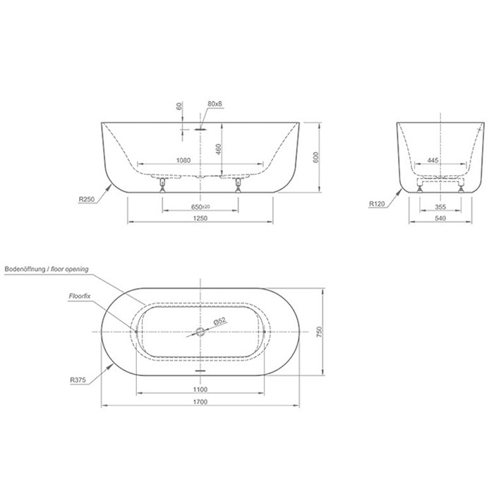Knief ванна отдельностоящая 170х75х60см., щелевой перелив, Venice, 0100-260 цвет: белый