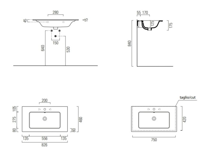 GSI Подвесная раковина 82,6х46х17,5 см, санфаянс, с отв. под смеситель, Pura - 8885111