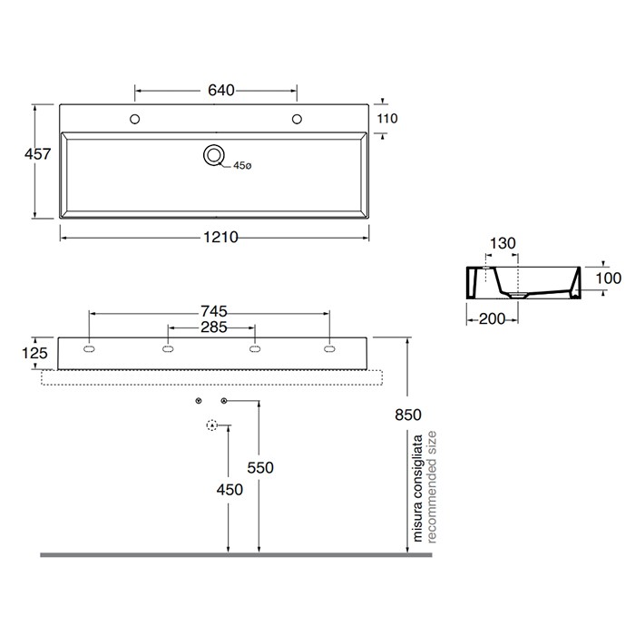 Azzurra раковина подвесная/накладная 122х45см., c 2отв., Azzurra, ELLP122450QDBI*2 цвет: белый