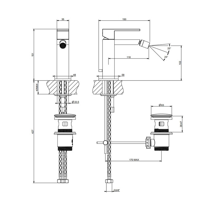 Gessi Смеситель для биде на 1 отверстие, с донным клапаном, Rettangolo, 20007#299 цвет: black xl