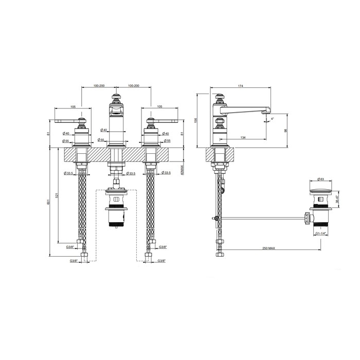 Gessi Смеситель для раковины на 3 отверстия, высота излива 98 мм., в комплекте с донным клапаном, Venti20, 65012#031 цвет: хром